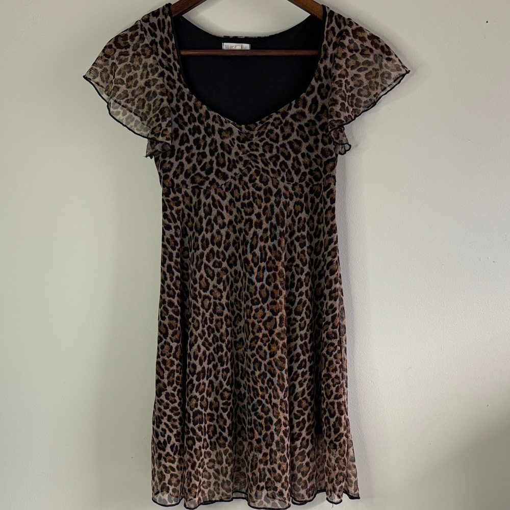 Leopard Print Mesh Dress See You Monday Ruffle Sleeve Babydoll Mini Y2K